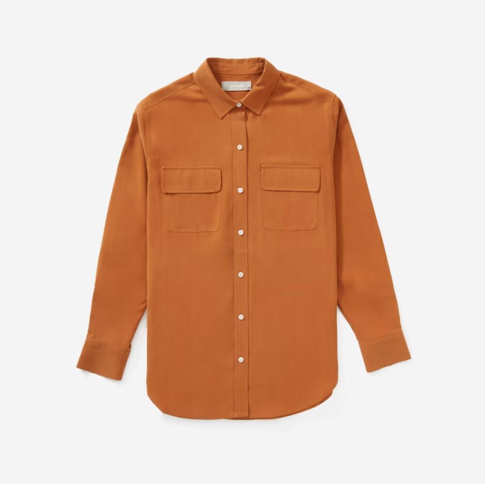EVERLANE The Washable Clean Silk Two-Pocket Relaxed Shirt Camel Tan Sz 0 {V29}